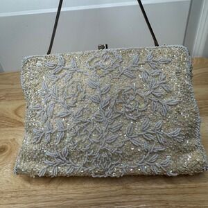 Vintage 60s Sharonnee Beaded Evening Clutch Purse Cream White Floral Kiss Lock